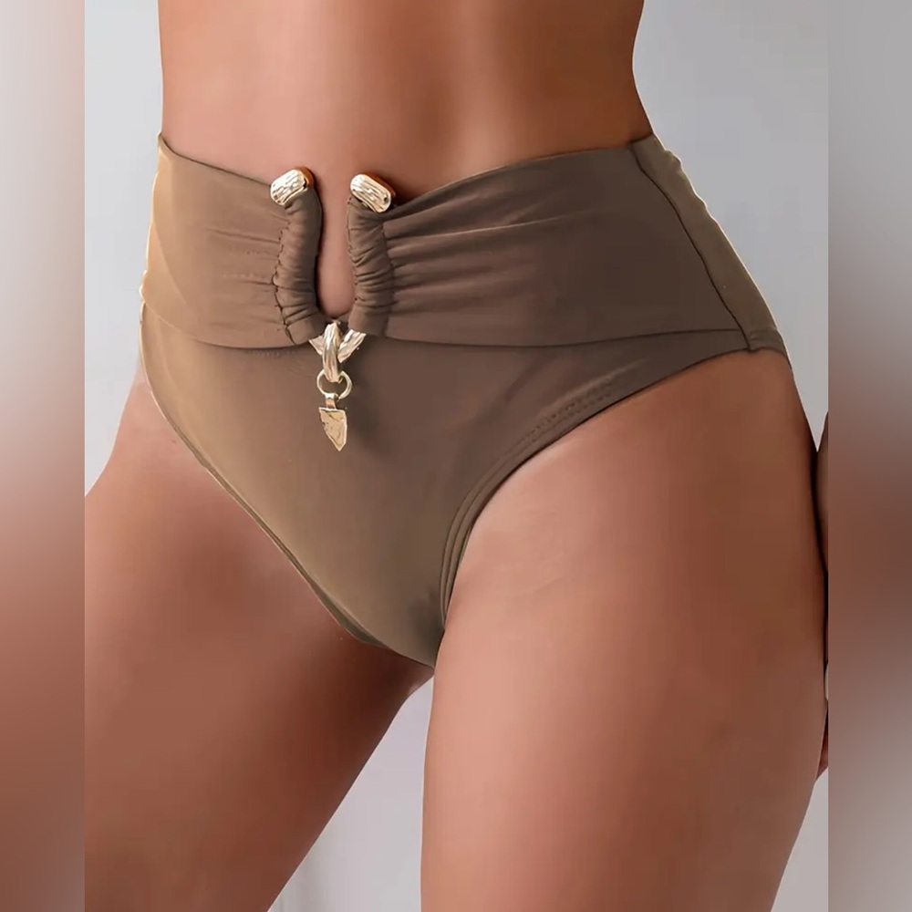 NWT AD 1pc Women'S High-Waisted Bikini Bottoms with Metallic Accents Coffee L